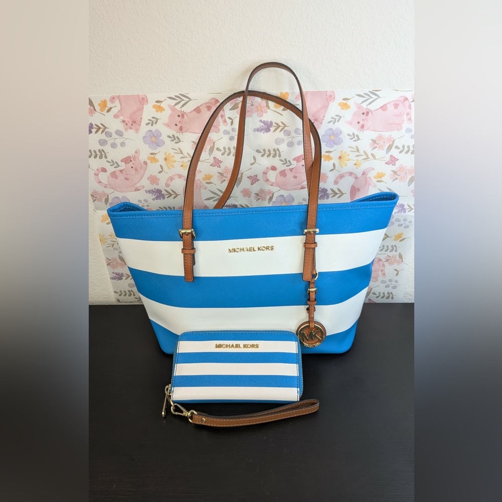 Michael Kors Blue and White Striped Tote with Matching Wallet. Summer colors EUC